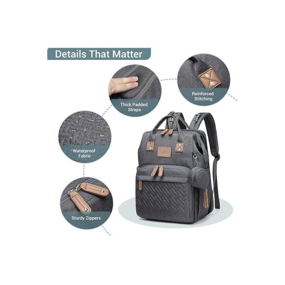 JOLLITO Gray Diaper Bag Backpack w/ Changing Station – Large, New No Box - Picture 4 of 15